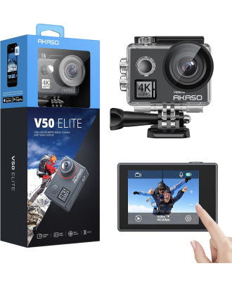 AKASO V50 Elite 4K60fps Action Camera Touch Screen WiFi Camera Voice Control EIS 40m Waterproof Camera Adjustable View Angle 8X Zoom Remote Control Camera with Accessories Kit