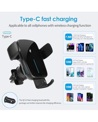  AccLoo Wireless Car Charger, 15W Qi Fast Charging Auto-Clamping Car Phone Holder, Car Air Vent Mount for iPhone14 Pro Max/14 Pro/14/13/12/11, Galaxy S22/S21+/S20 Ultra etc（Include QC3.0 Adapter