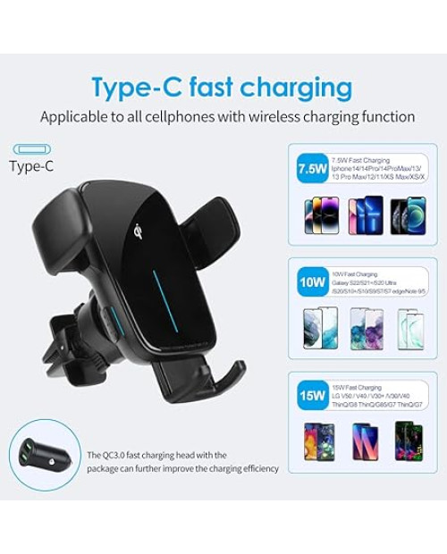  AccLoo Wireless Car Charger, 15W Qi Fast Charging Auto-Clamping Car Phone Holder, Car Air Vent Mount for iPhone14 Pro Max/14 Pro/14/13/12/11, Galaxy S22/S21+/S20 Ultra etc（Include QC3.0 Adapter