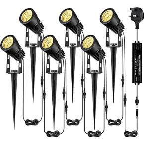 B-right Garden Spotlights Mains Powered, Upgraded 21M 68.9ft 6-in-1 Extendable to 12 Spike Lights with BS Plug 12V Garden Lights Outdoor IP65 Waterproof for Pathway Yard Landscape (Warm White, 18W)