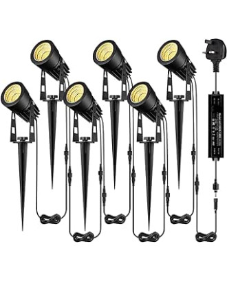 B-right Garden Spotlights Mains Powered, Upgraded 21M 68.9ft 6-in-1 Extendable to 12 Spike Lights with BS Plug 12V Garden Lights Outdoor IP65 Waterproof for Pathway Yard Landscape (Warm White, 18W)